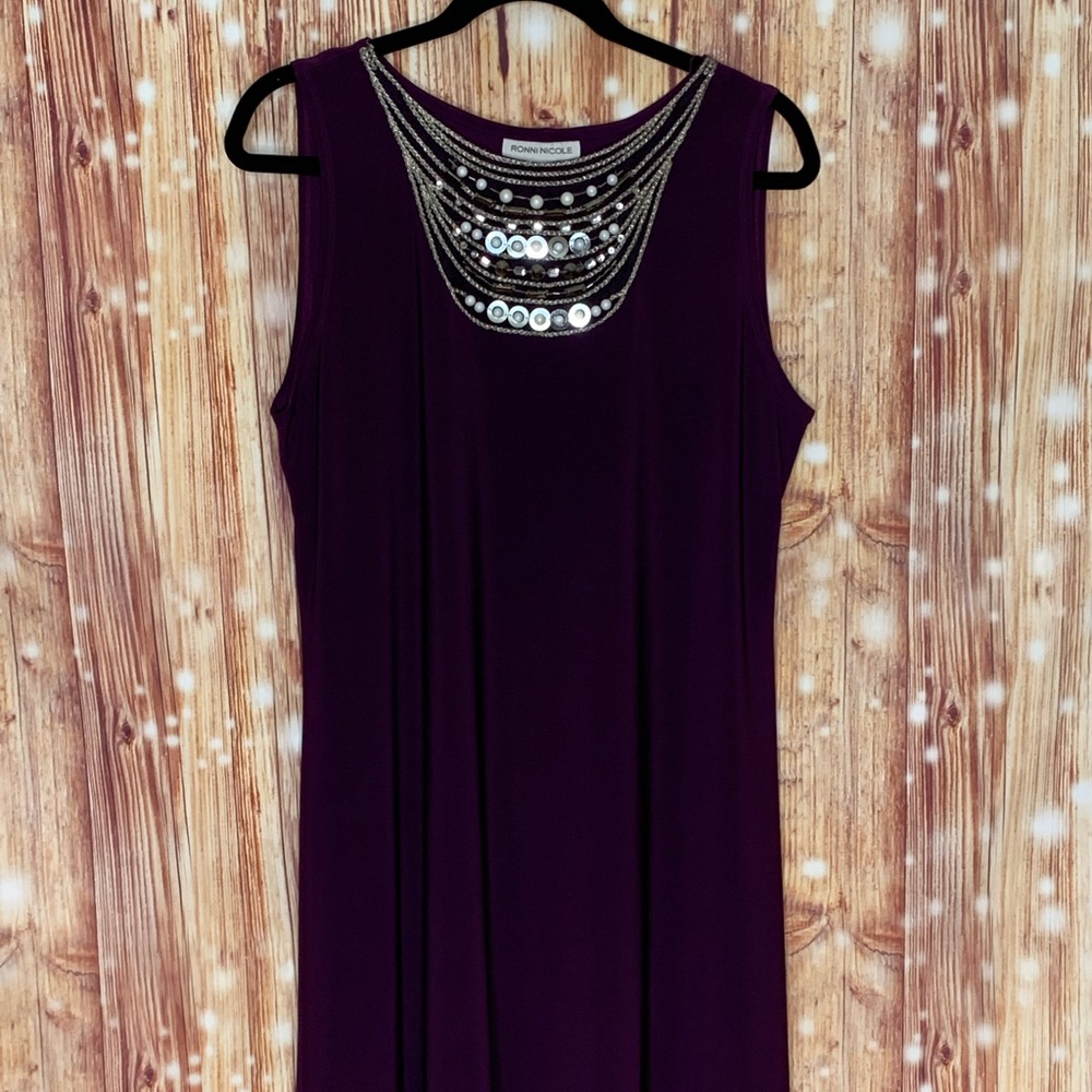 Ronni Nicole Size 14 Jeweled Neckline Eggplant Tent Dress Sleeveless